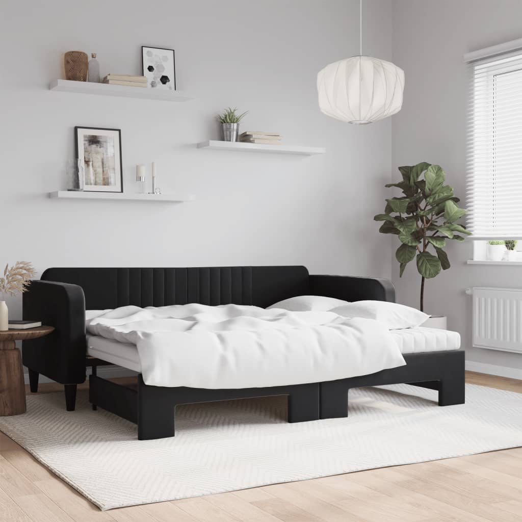 vidaXL Pat de zi cu extensie și saltea, negru, 90x200 cm, catifea vidaXL Pat de zi cu extensie și saltea, negru, 90x200 cm, catifea