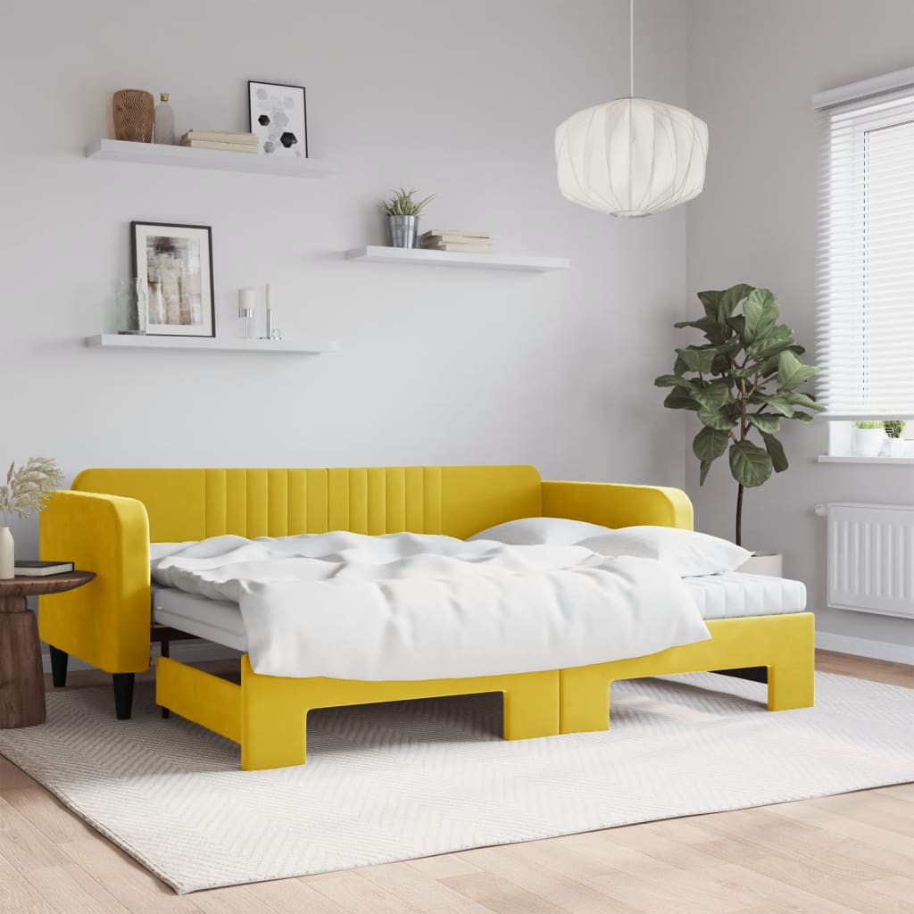 vidaXL Pat de zi cu extensie și saltea, galben, 90x200 cm, catifea vidaXL Pat de zi cu extensie și saltea, galben, 90x200 cm, catifea
