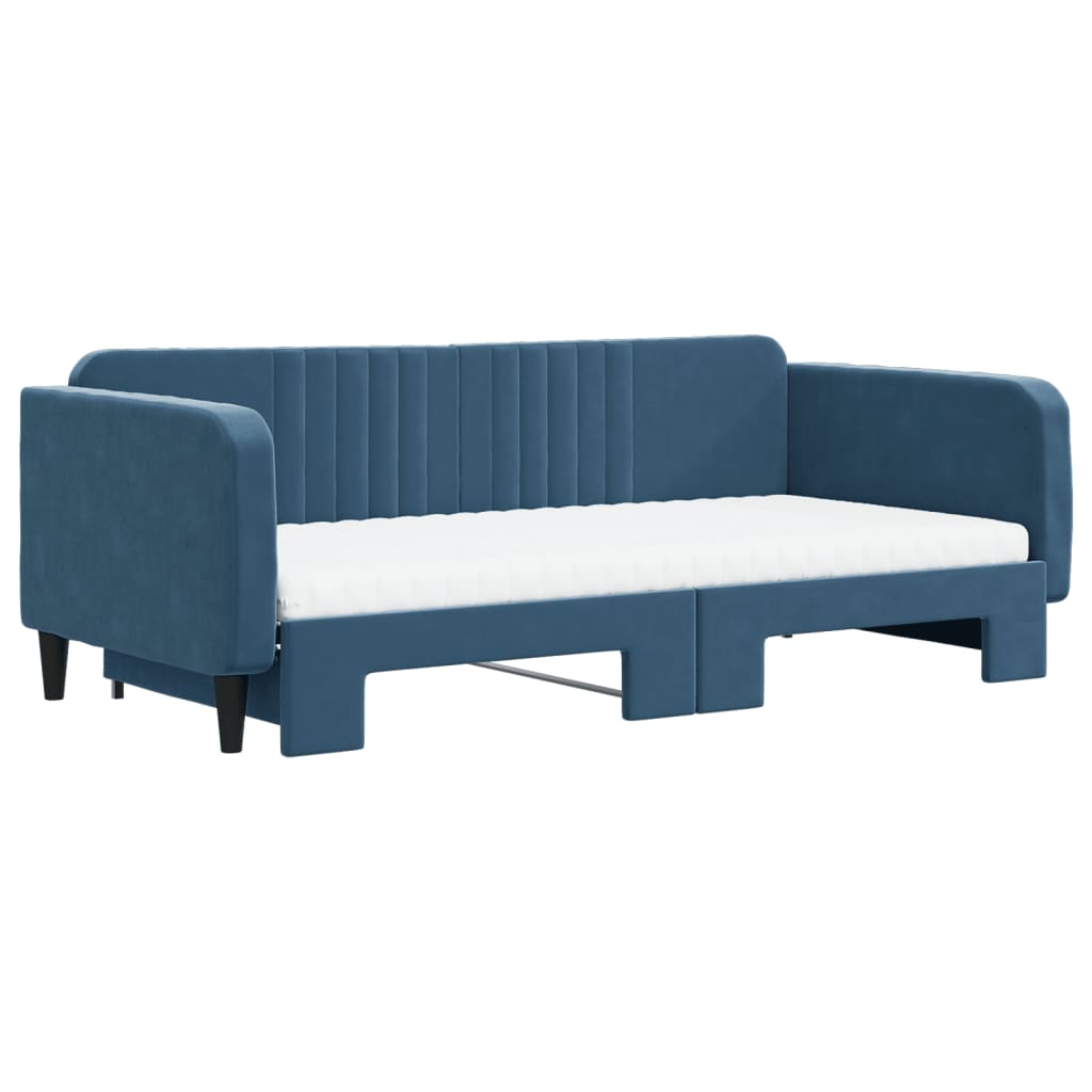vidaXL Pat de zi cu extensie și saltele, albastru, 100x200 cm, catifea vidaXL Pat de zi cu extensie și saltele, albastru, 100x200 cm, catifea