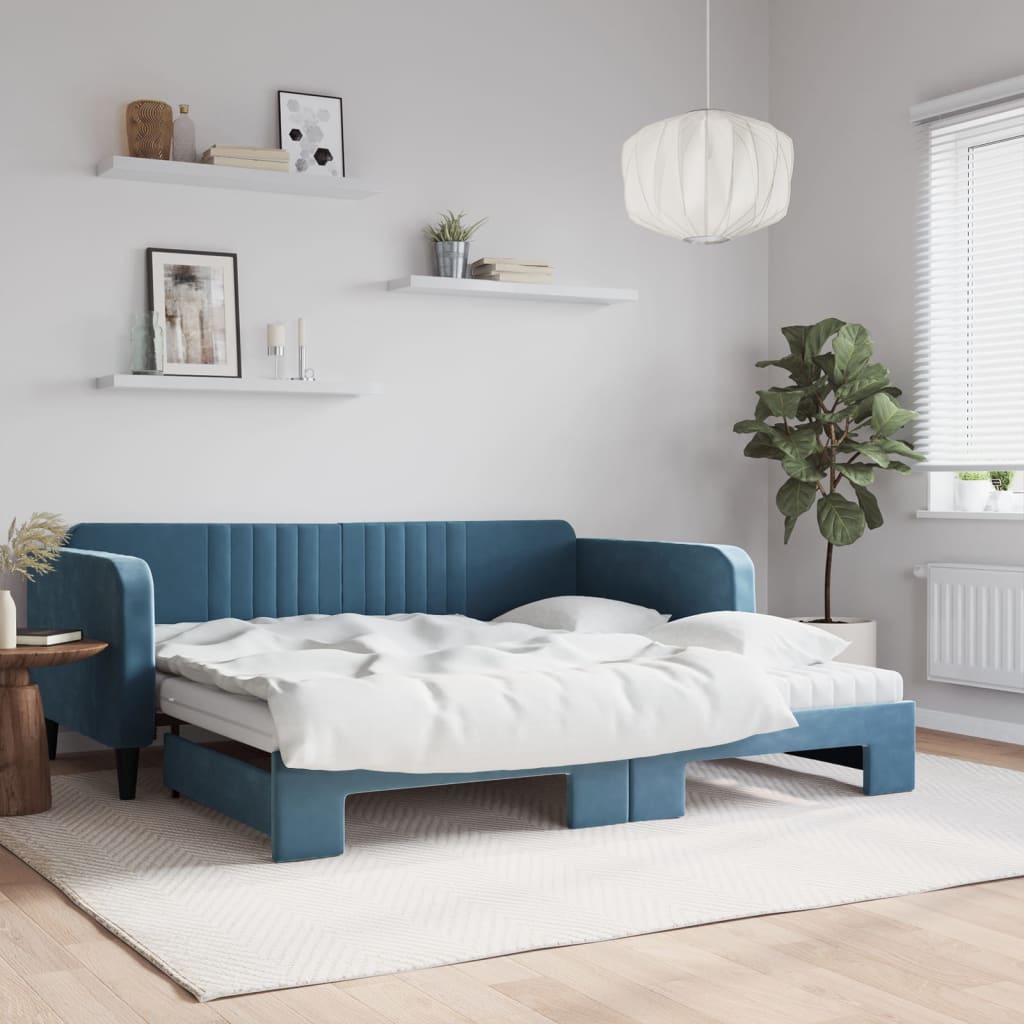 vidaXL Pat de zi cu extensie și saltele, albastru, 100x200 cm, catifea vidaXL Pat de zi cu extensie și saltele, albastru, 100x200 cm, catifea