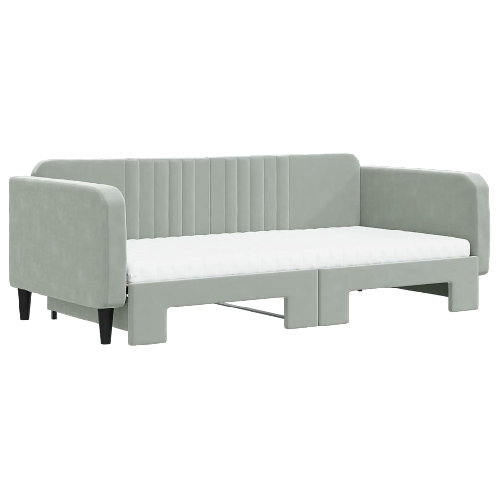 vidaXL Pat de zi cu extensie și saltele gri deschis 100x200 cm catifea vidaXL Pat de zi cu extensie și saltele gri deschis 100x200 cm catifea