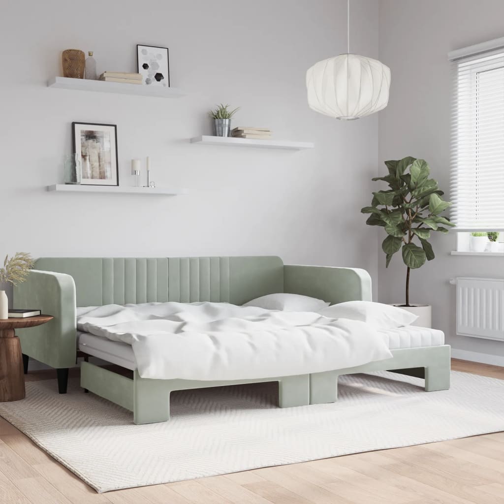 vidaXL Pat de zi cu extensie și saltele gri deschis 100x200 cm catifea vidaXL Pat de zi cu extensie și saltele gri deschis 100x200 cm catifea