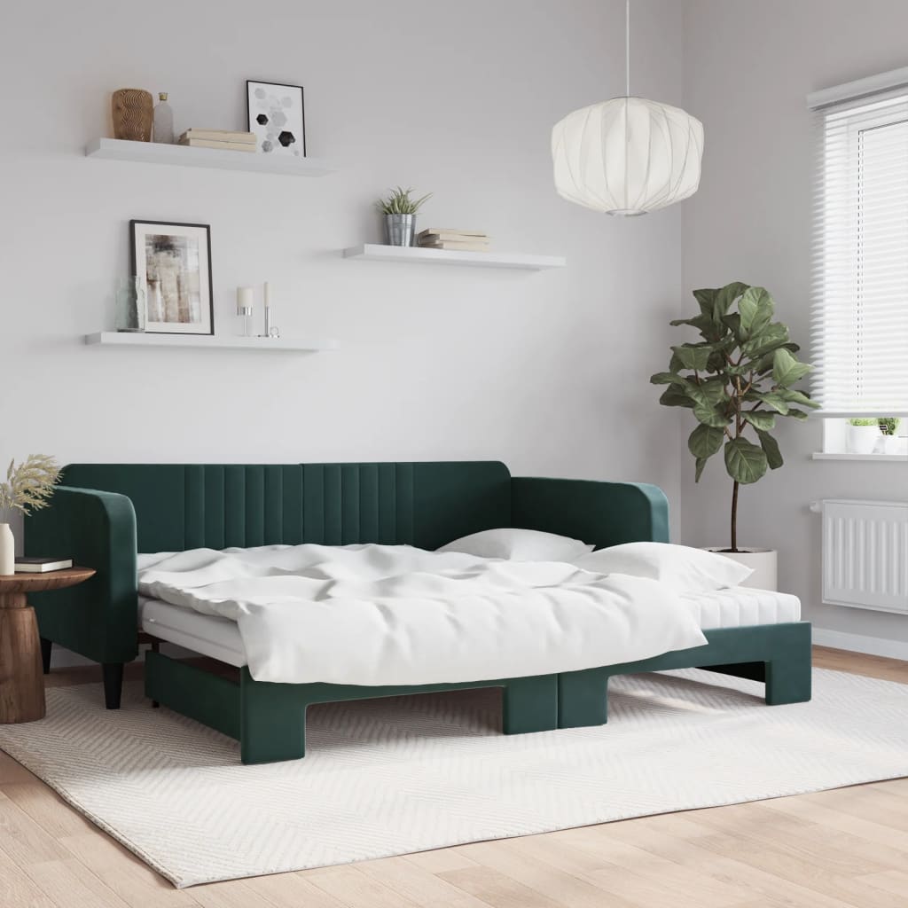 vidaXL Pat de zi cu extensie și saltele verde închis 100x200cm catifea vidaXL Pat de zi cu extensie și saltele verde închis 100x200cm catifea