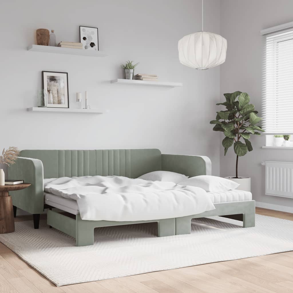 vidaXL Pat de zi cu extensie și saltele, gri deschis 90x190 cm catifea vidaXL Pat de zi cu extensie și saltele, gri deschis 90x190 cm catifea