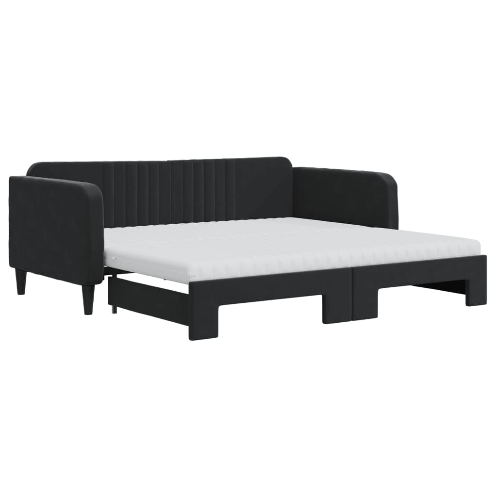 vidaXL Pat de zi cu extensie și saltele, negru, 90x190 cm, catifea
