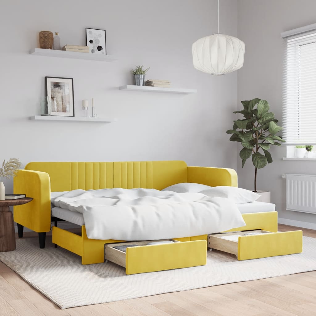 vidaXL Pat de zi cu extensie și sertare, galben, 80x200 cm, catifea vidaXL Pat de zi cu extensie și sertare, galben, 80x200 cm, catifea