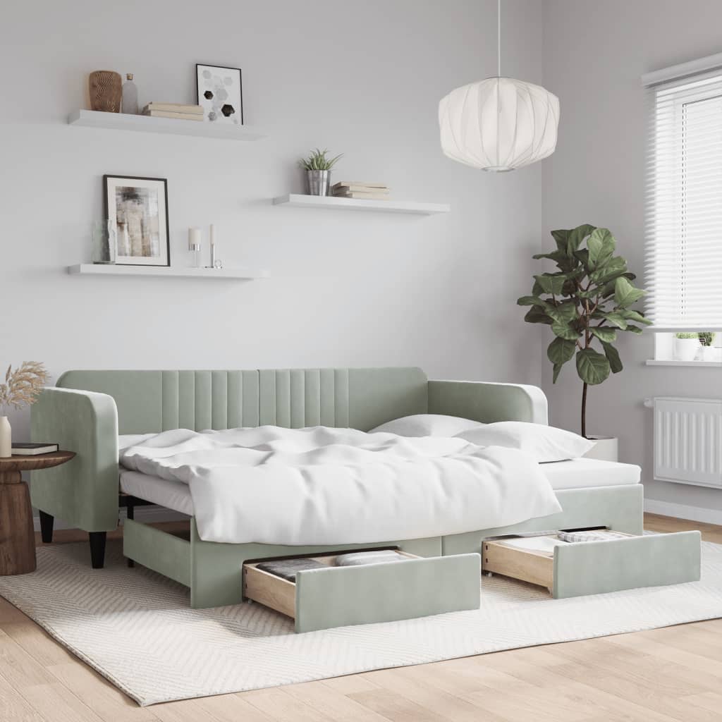 vidaXL Pat de zi cu extensie și sertare, gri deschis 90x200 cm catifea