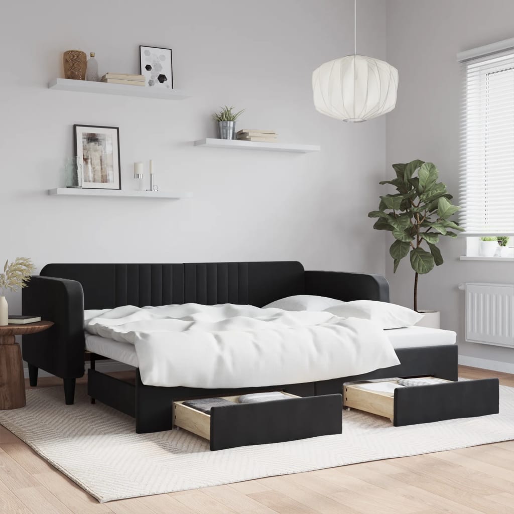 vidaXL Pat de zi cu extensie și sertare, negru, 90x200 cm, catifea vidaXL Pat de zi cu extensie și sertare, negru, 90x200 cm, catifea