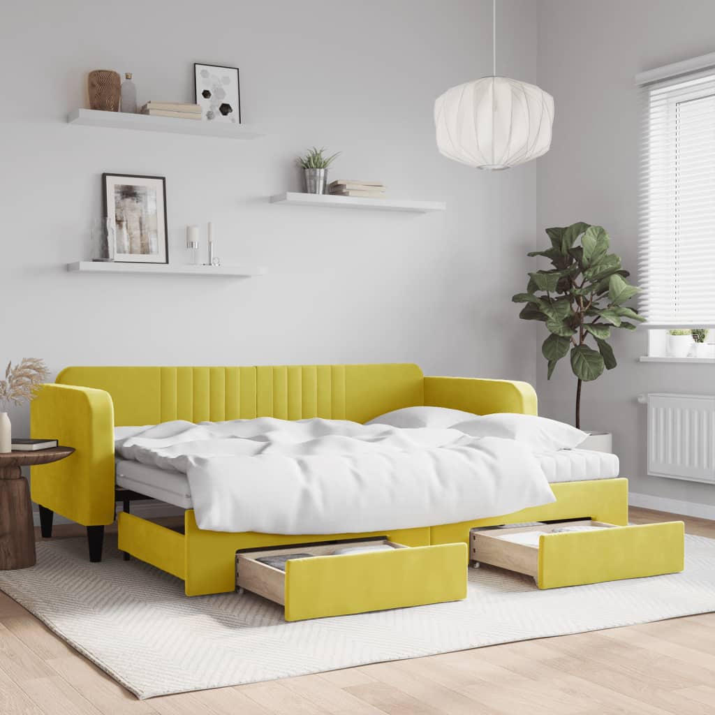 vidaXL Pat de zi cu extensie și sertare, galben, 80x200 cm, catifea vidaXL Pat de zi cu extensie și sertare, galben, 80x200 cm, catifea
