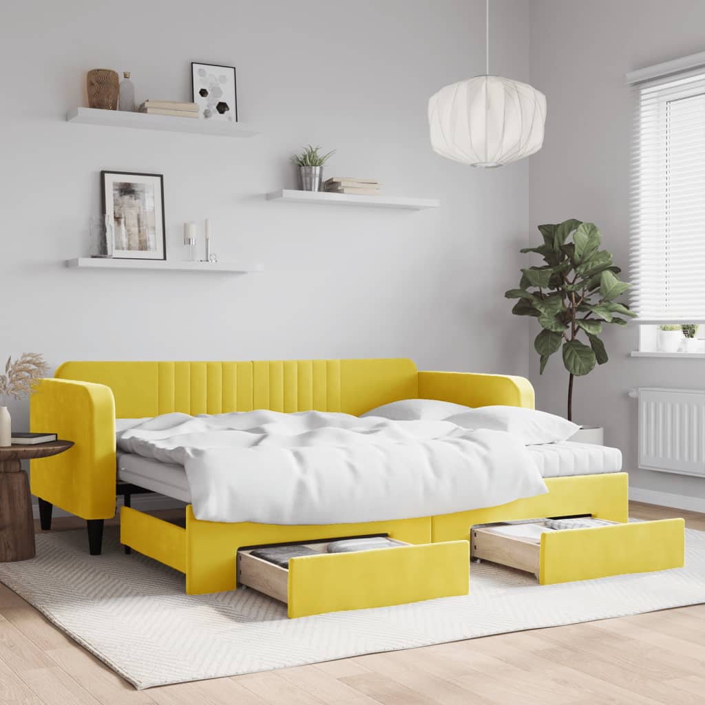 vidaXL Pat de zi cu extensie și sertare, galben, 90x200 cm, catifea vidaXL Pat de zi cu extensie și sertare, galben, 90x200 cm, catifea