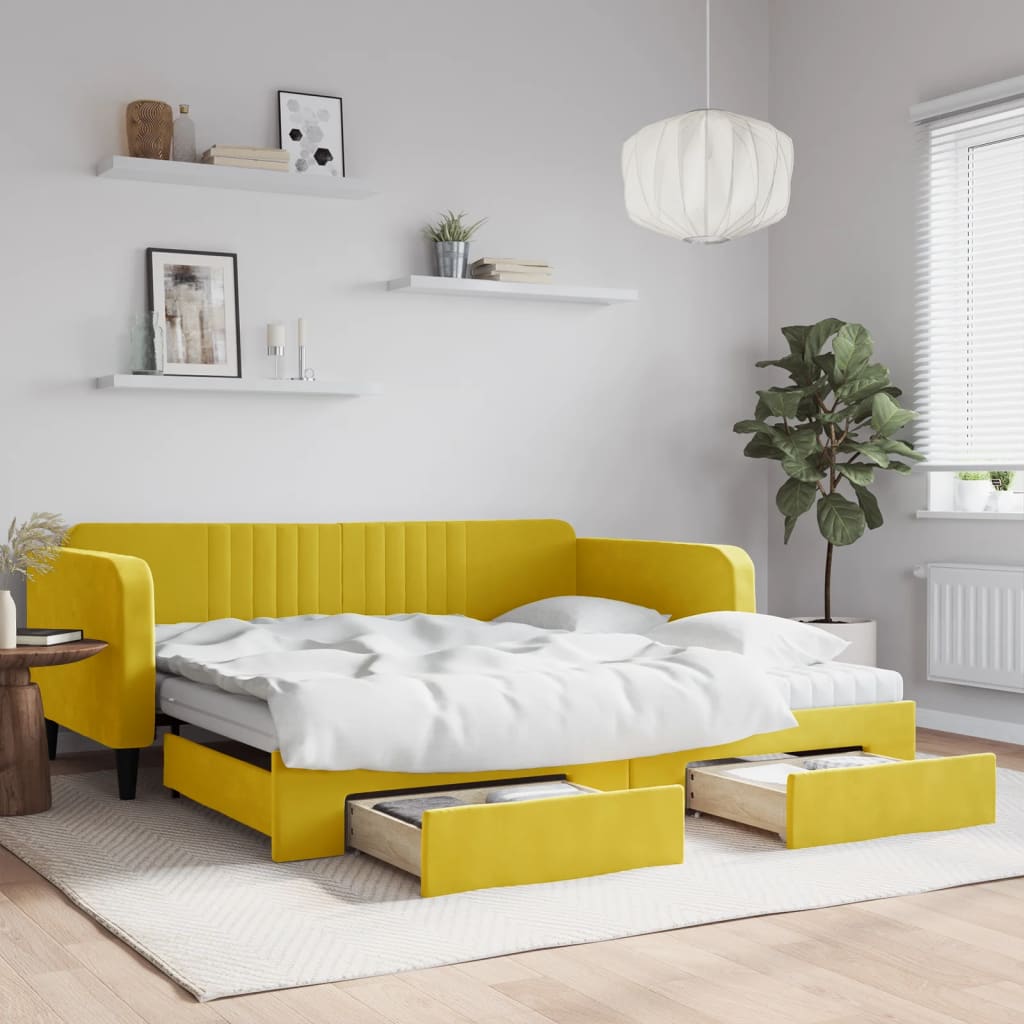 vidaXL Pat de zi cu extensie și sertare, galben, 100x200 cm, catifea vidaXL Pat de zi cu extensie și sertare, galben, 100x200 cm, catifea