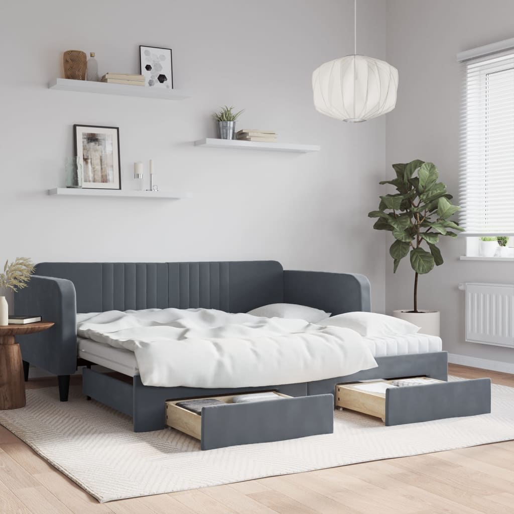 vidaXL Pat de zi cu extensie și sertare, gri închis, 90x190cm catifea vidaXL Pat de zi cu extensie și sertare, gri închis, 90x190cm catifea