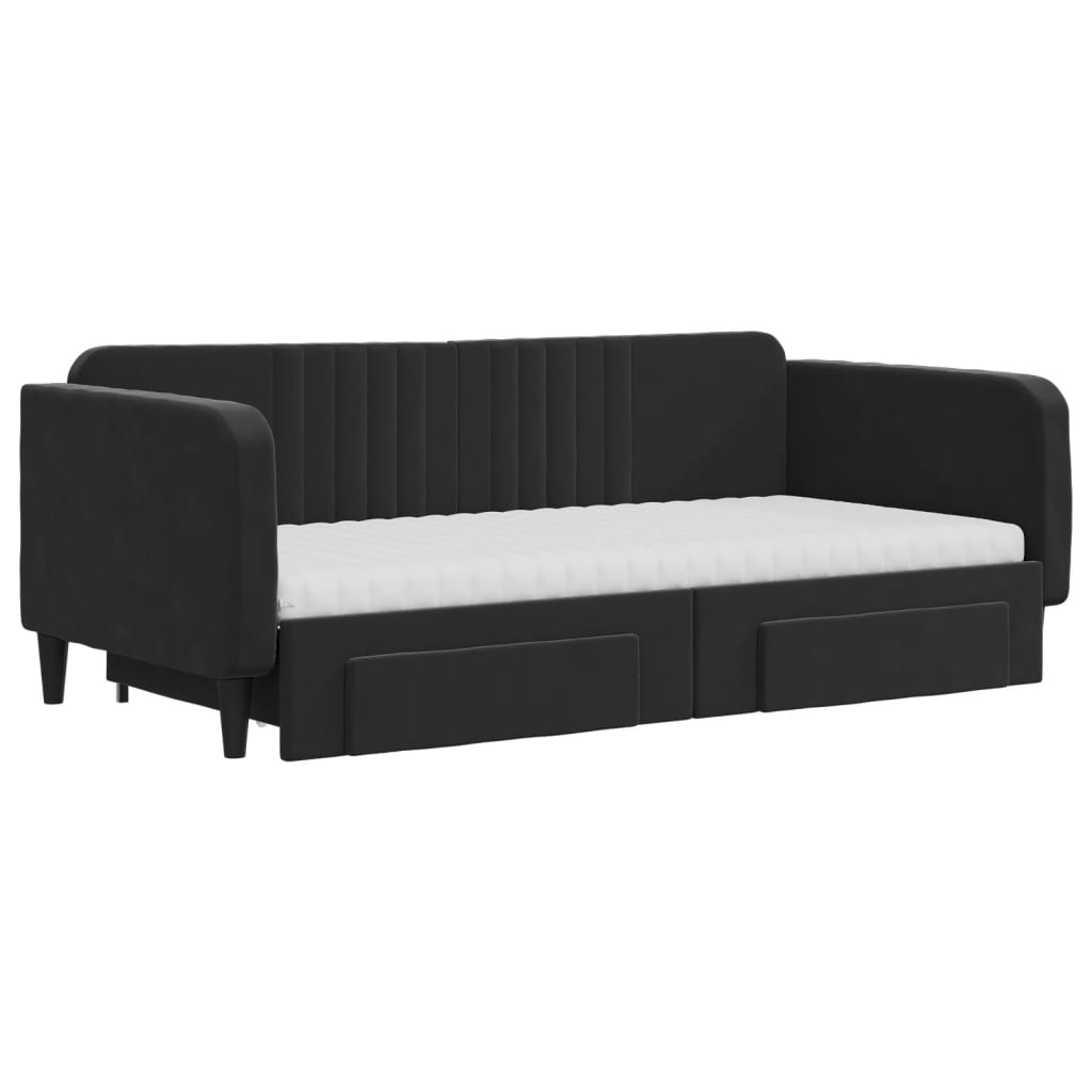 vidaXL Pat de zi cu extensie și sertare, negru, 90x190 cm, catifea
