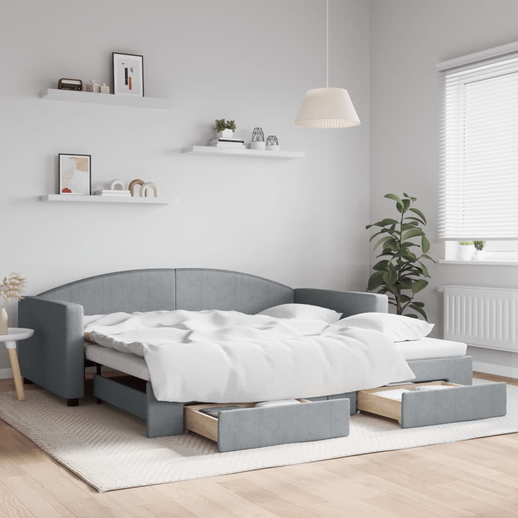 vidaXL Pat de zi cu extensie și sertare, gri deschis 100x200 cm textil vidaXL Pat de zi cu extensie și sertare, gri deschis 100x200 cm textil