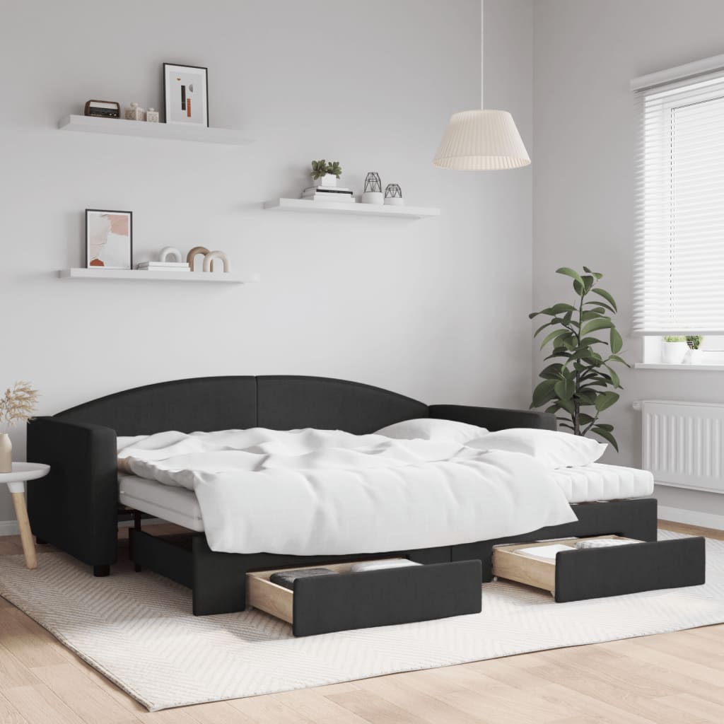 vidaXL Pat de zi cu extensie și sertare, negru, 90x200 cm, textil vidaXL Pat de zi cu extensie și sertare, negru, 90x200 cm, textil