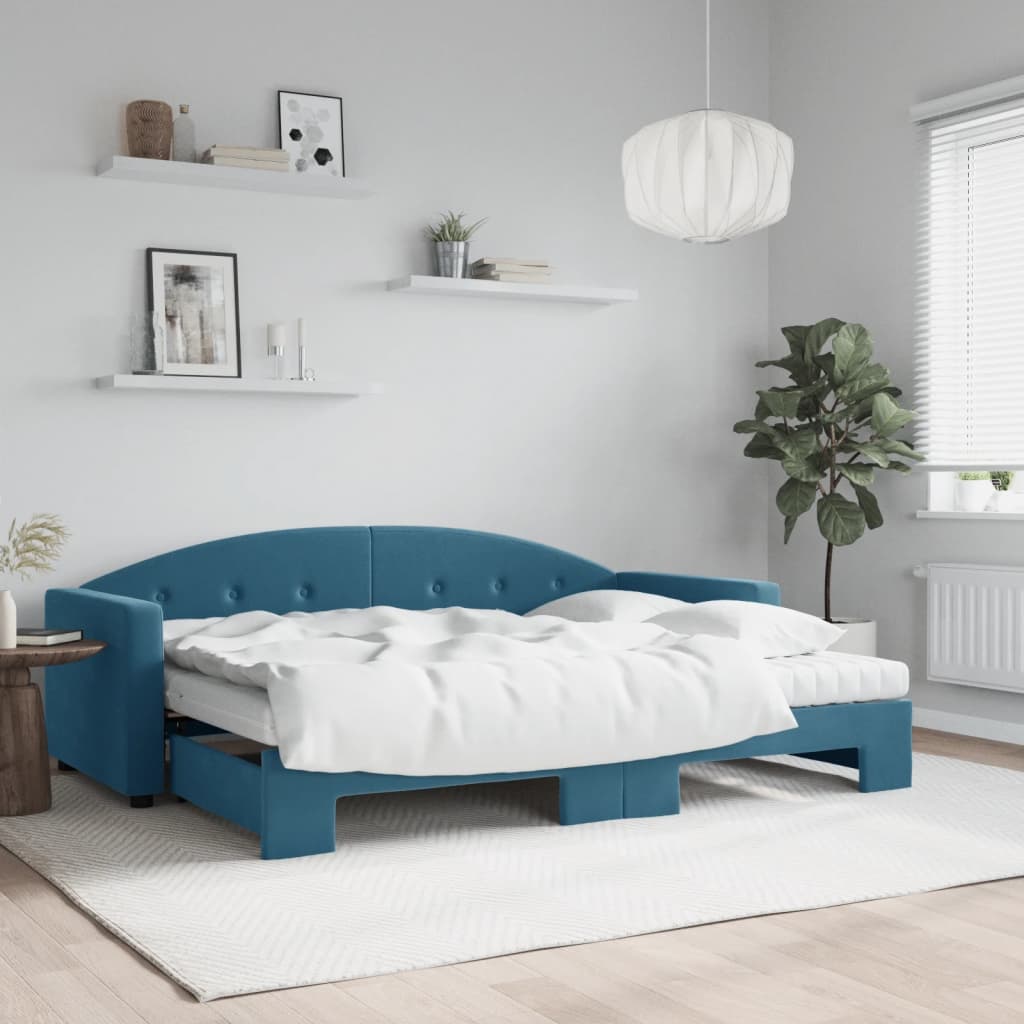 vidaXL Pat de zi cu extensie și saltea, albastru, 80x200 cm, catifea vidaXL Pat de zi cu extensie și saltea, albastru, 80x200 cm, catifea