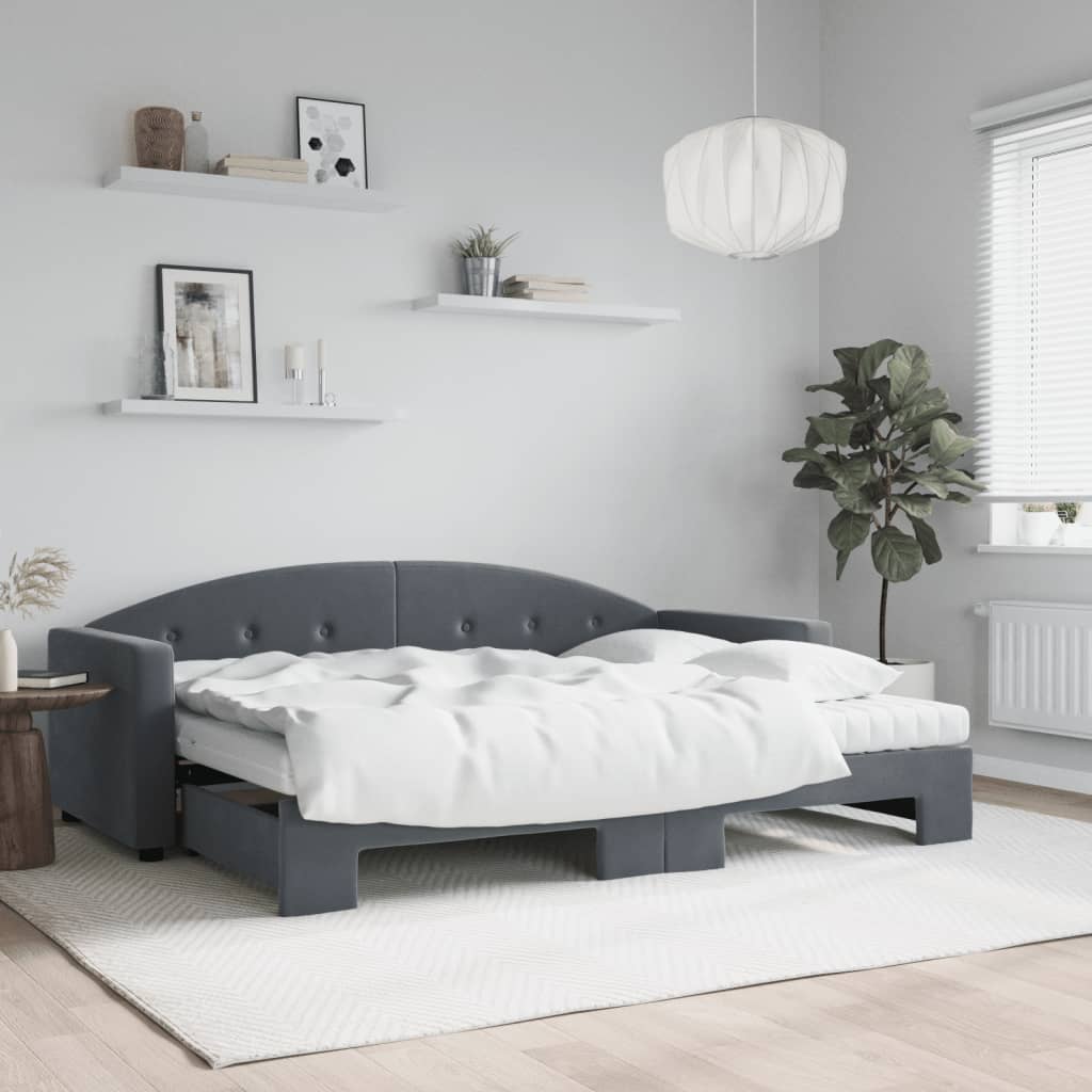 vidaXL Pat de zi cu extensie și saltele gri închis 80x200 cm catifea vidaXL Pat de zi cu extensie și saltele gri închis 80x200 cm catifea