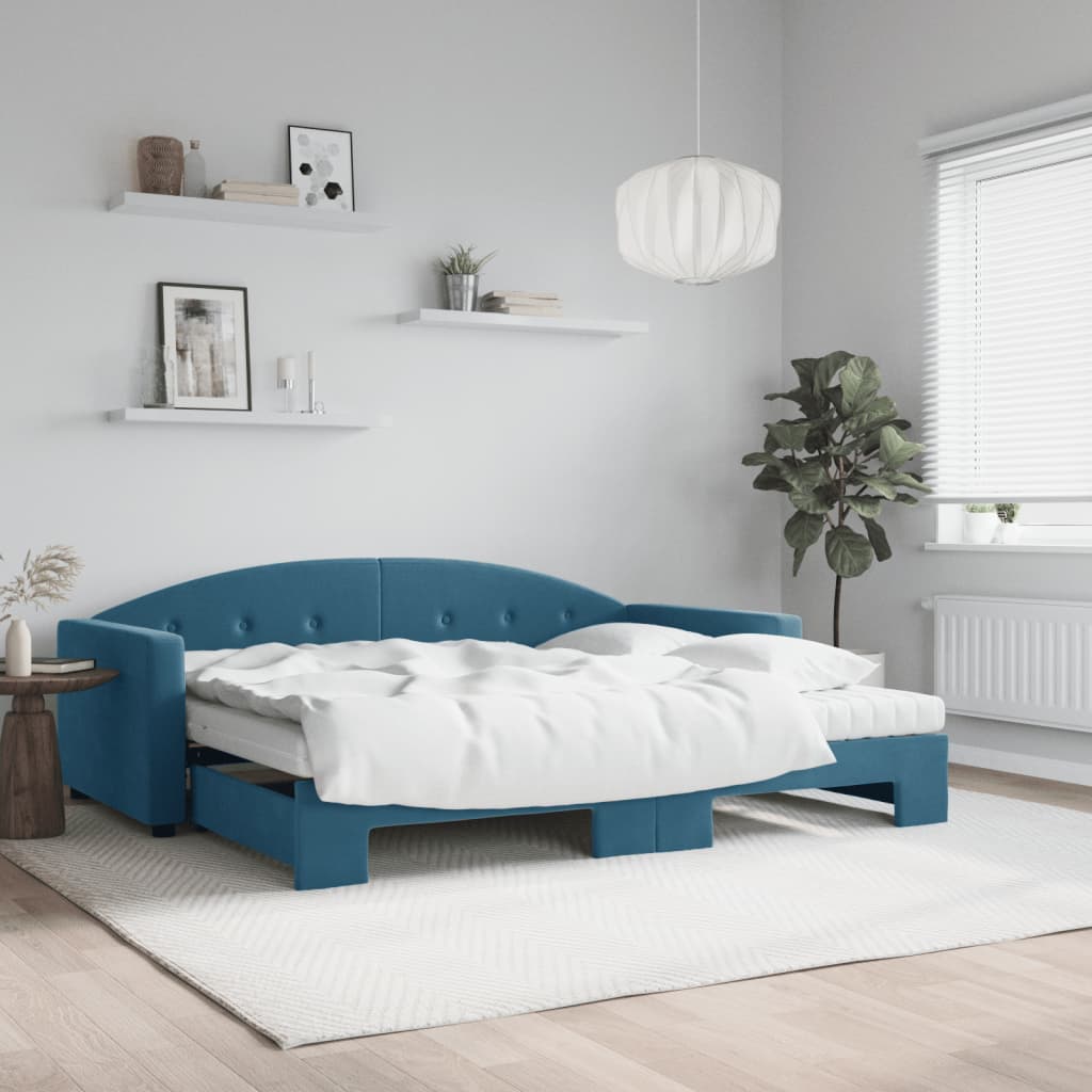 vidaXL Pat de zi cu extensie și saltea, albastru, 90x200 cm, catifea vidaXL Pat de zi cu extensie și saltea, albastru, 90x200 cm, catifea