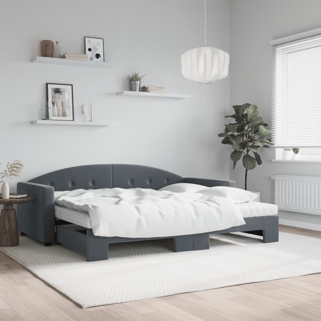vidaXL Pat de zi cu extensie și saltele, gri închis 90x200 cm catifea vidaXL Pat de zi cu extensie și saltele, gri închis 90x200 cm catifea
