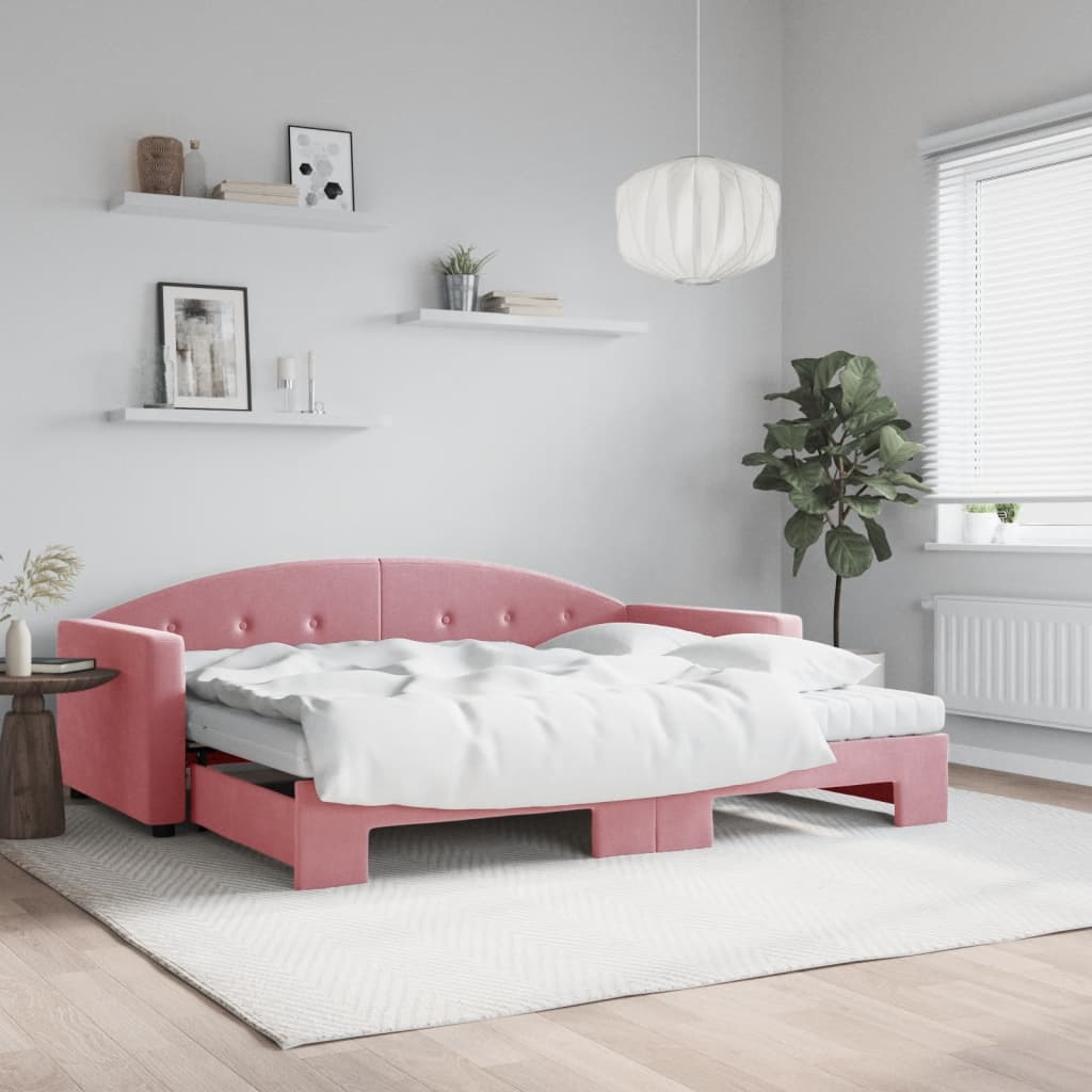 vidaXL Pat de zi cu extensie și saltea, roz, 90x200 cm, catifea vidaXL Pat de zi cu extensie și saltea, roz, 90x200 cm, catifea