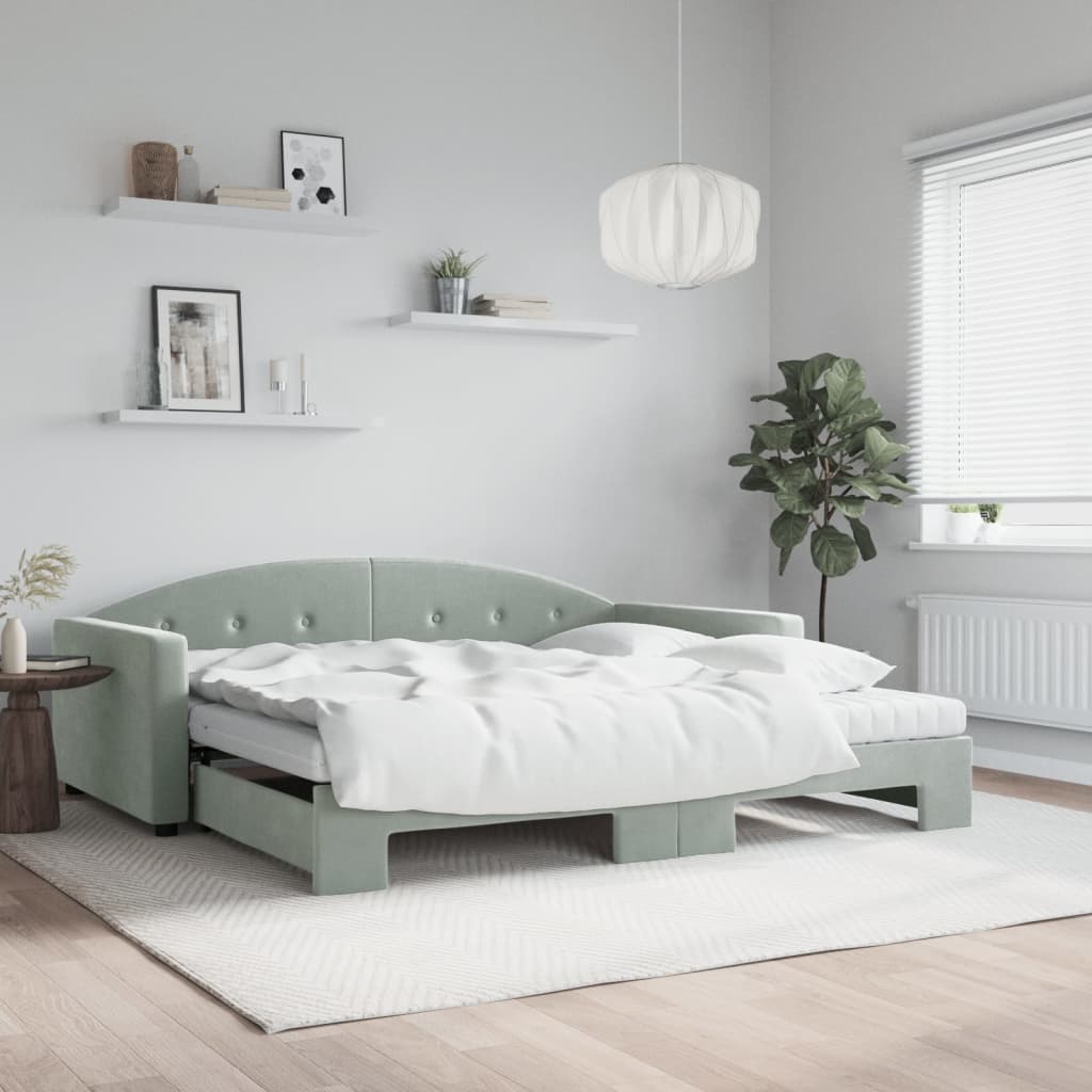 vidaXL Pat de zi cu extensie și saltele gri deschis 100x200 cm catifea vidaXL Pat de zi cu extensie și saltele gri deschis 100x200 cm catifea