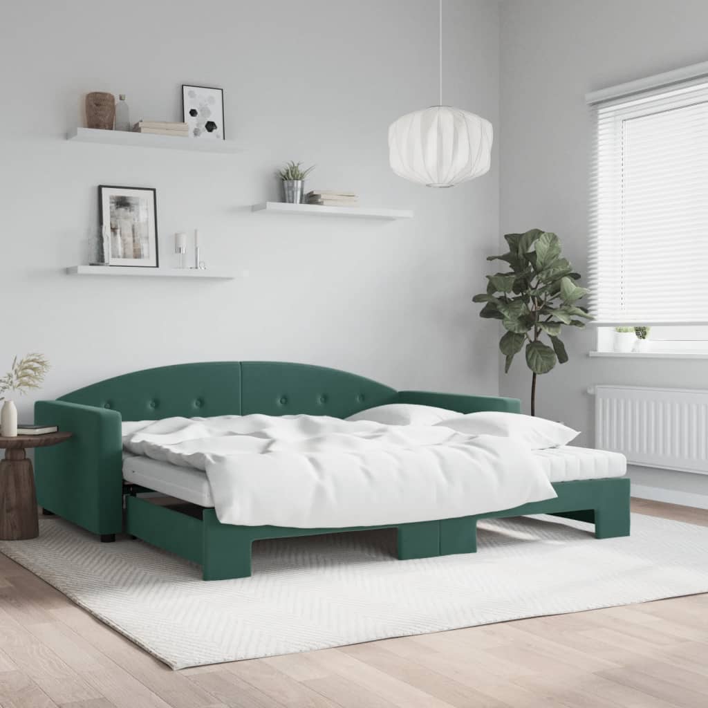 vidaXL Pat de zi cu extensie și saltele verde închis 100x200cm catifea vidaXL Pat de zi cu extensie și saltele verde închis 100x200cm catifea