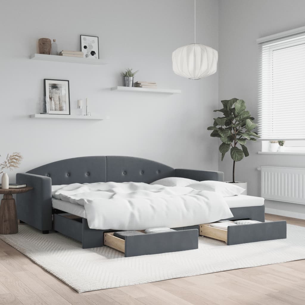 vidaXL Pat de zi cu extensie și sertare gri închis 90x200 cm catifea vidaXL Pat de zi cu extensie și sertare gri închis 90x200 cm catifea