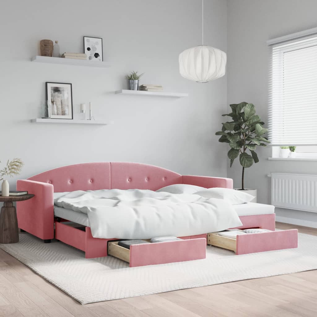 vidaXL Pat de zi cu extensie și sertare, roz, 90x200 cm, catifea vidaXL Pat de zi cu extensie și sertare, roz, 90x200 cm, catifea