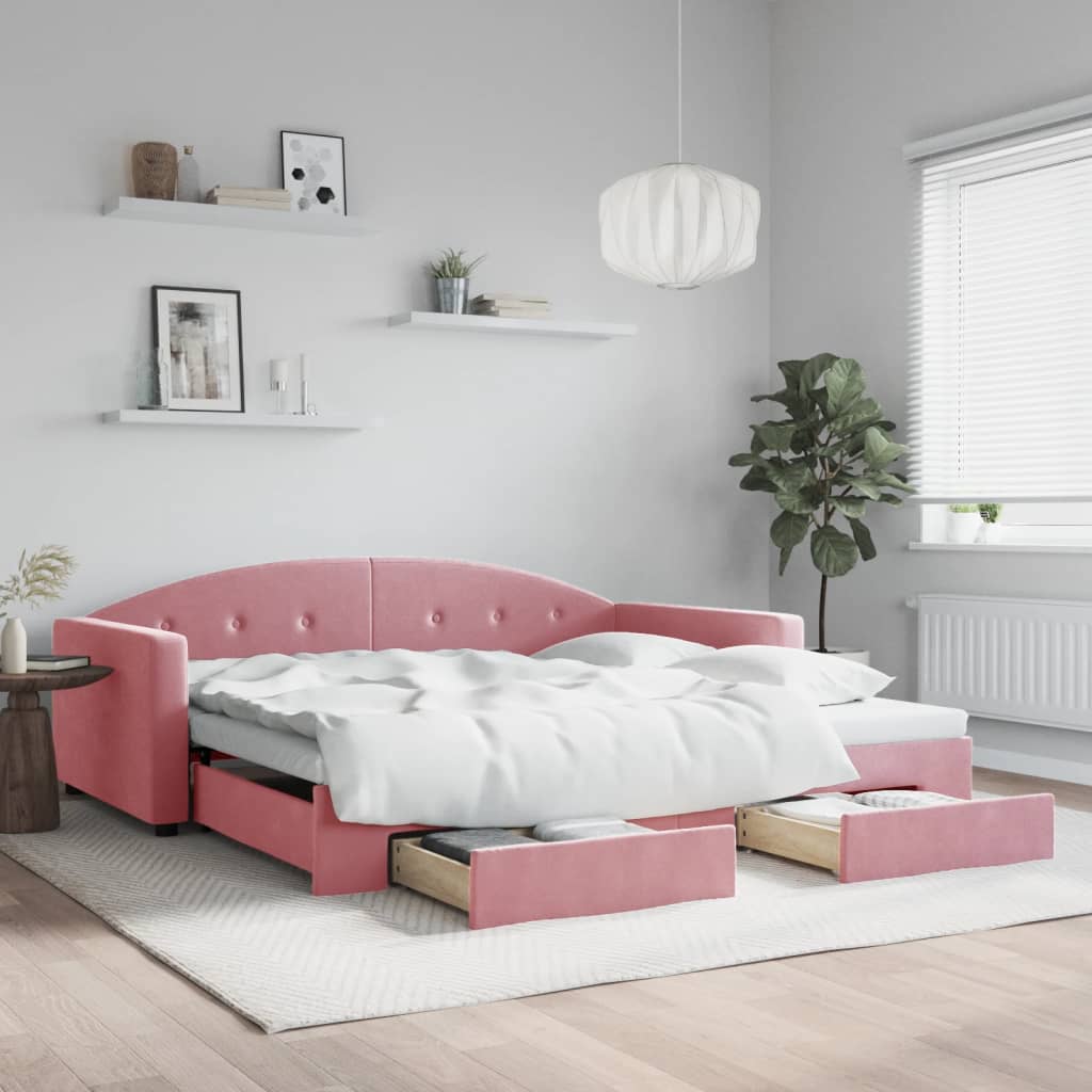 vidaXL Pat de zi cu extensie și sertare, roz, 100x200 cm, catifea vidaXL Pat de zi cu extensie și sertare, roz, 100x200 cm, catifea