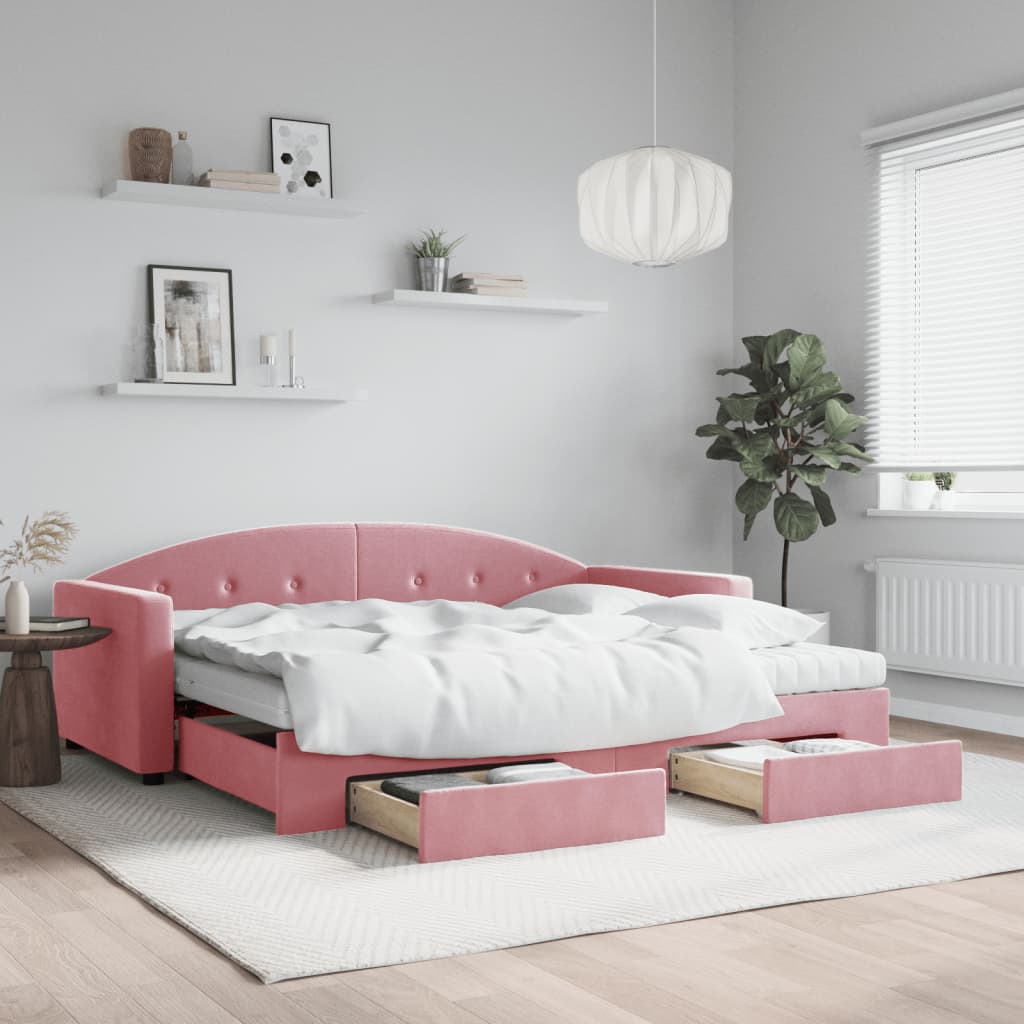 vidaXL Pat de zi cu extensie și sertare, roz, 90x200 cm, catifea vidaXL Pat de zi cu extensie și sertare, roz, 90x200 cm, catifea