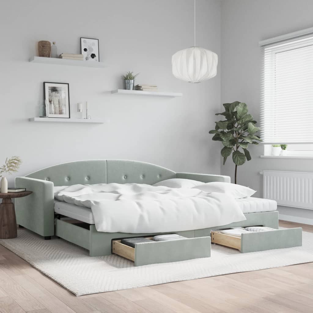vidaXL Pat de zi cu extensie și sertare gri deschis 100x200 cm catifea vidaXL Pat de zi cu extensie și sertare gri deschis 100x200 cm catifea