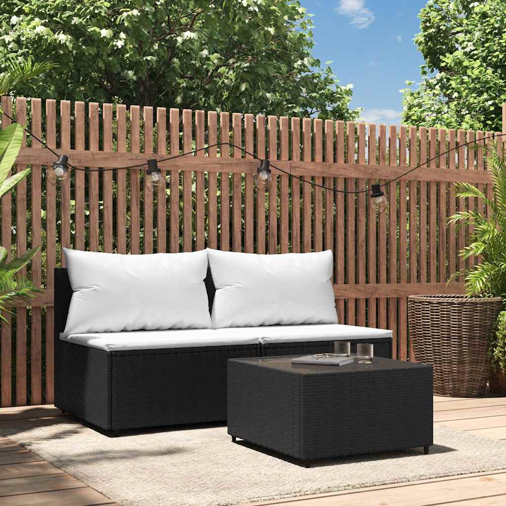 vidaXL Set mobilier de grădină cu perne, 3 piese, negru, poliratan vidaXL Set mobilier de grădină cu perne, 3 piese, negru, poliratan