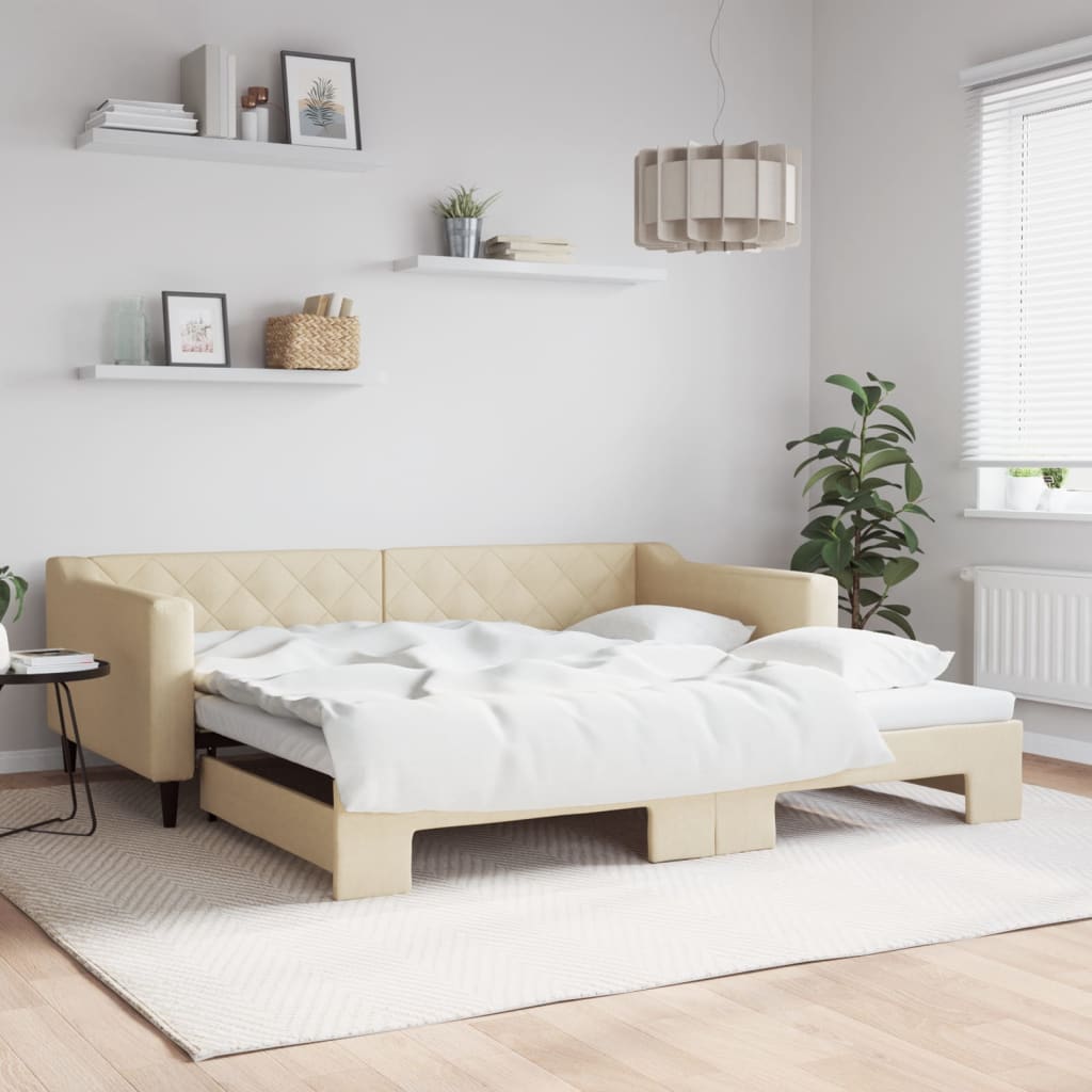 vidaXL Pat de zi cu extensie, crem, 100x200 cm, textil vidaXL Pat de zi cu extensie, crem, 100x200 cm, textil