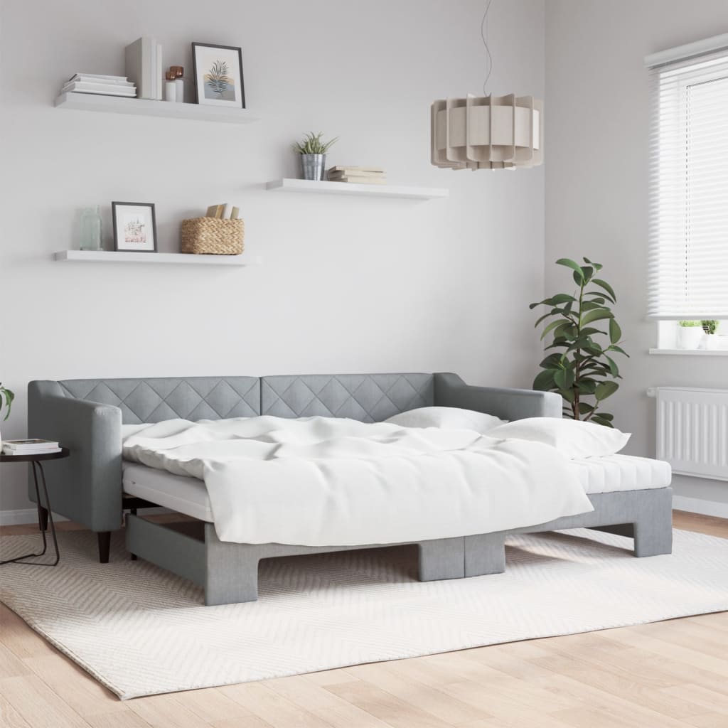 vidaXL Pat de zi cu extensie și saltele, gri deschis 90x200 cm textil vidaXL Pat de zi cu extensie și saltele, gri deschis 90x200 cm textil