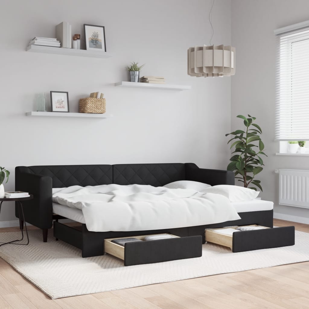vidaXL Pat de zi cu extensie și sertare, negru, 80x200 cm, textil vidaXL Pat de zi cu extensie și sertare, negru, 80x200 cm, textil