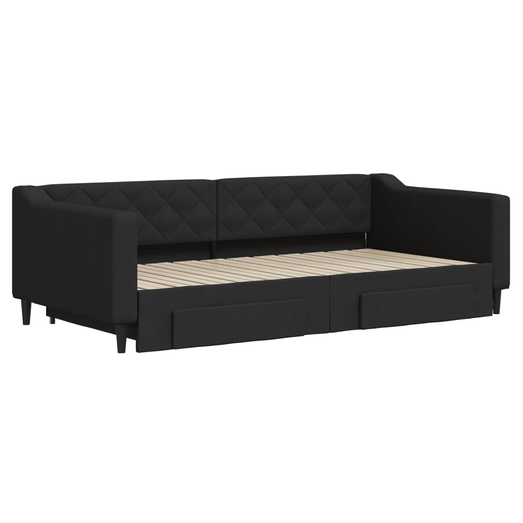 vidaXL Pat de zi cu extensie și sertare, negru, 100x200 cm, textil