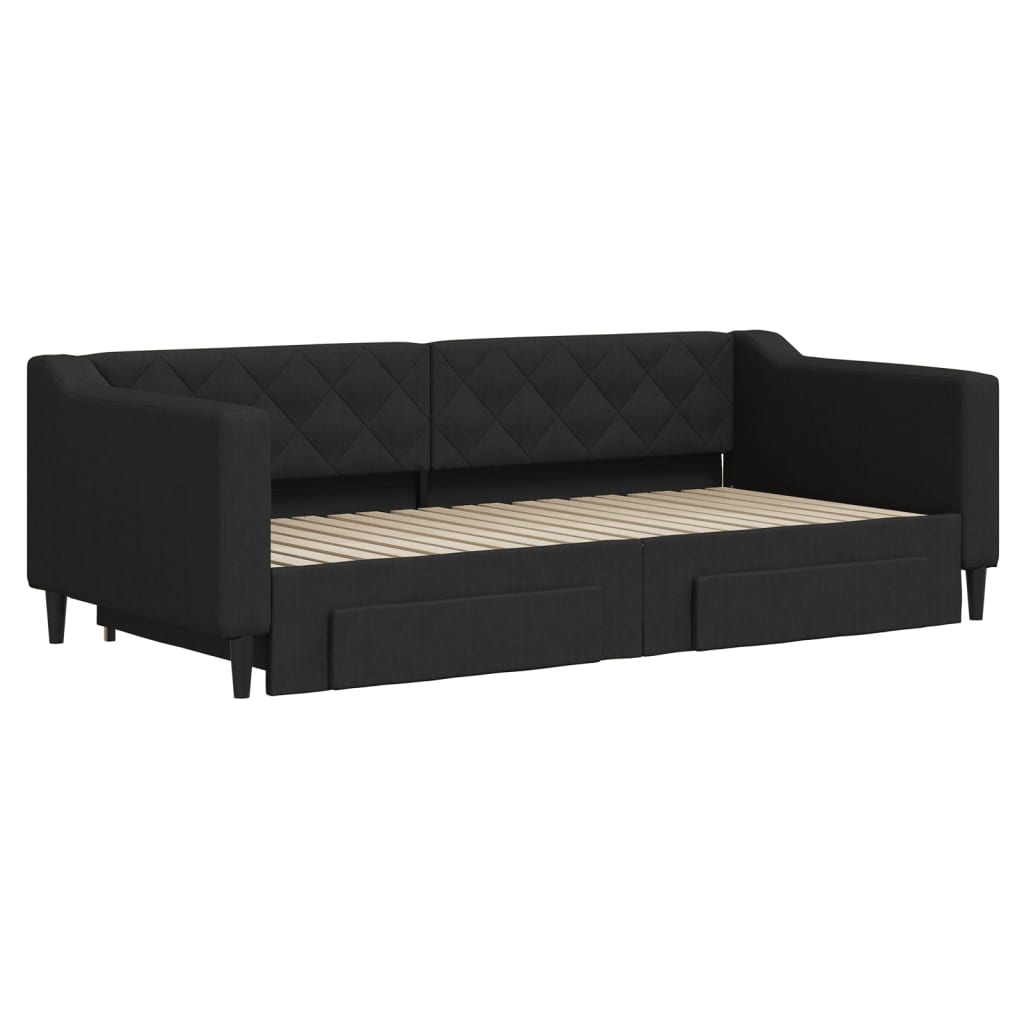 vidaXL Pat de zi cu extensie și sertare, negru, 90x190cm, textil