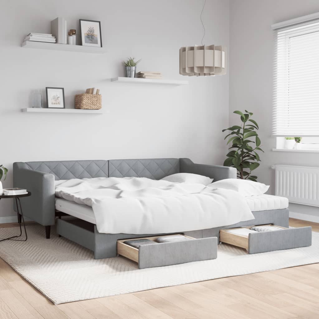 vidaXL Pat de zi cu extensie și sertare, gri deschis 100x200 cm textil vidaXL Pat de zi cu extensie și sertare, gri deschis 100x200 cm textil
