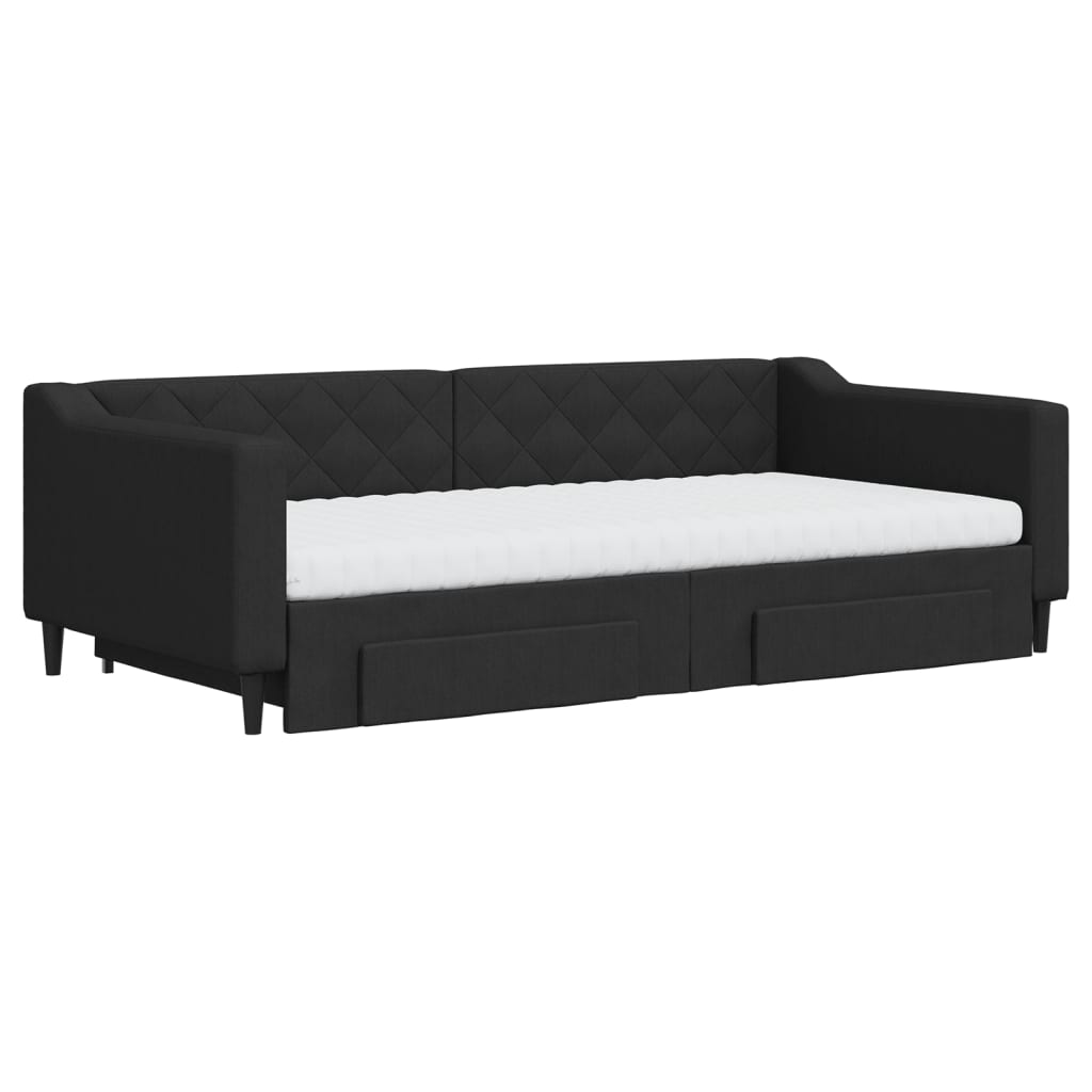 vidaXL Pat de zi cu extensie și sertare, negru, 100x200 cm, textil