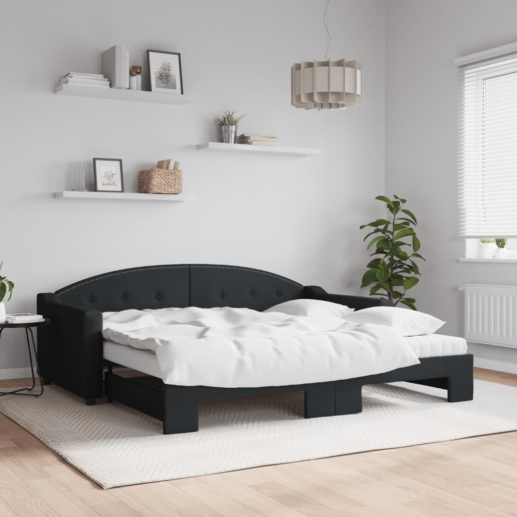 vidaXL Pat de zi cu extensie și saltele, negru, 90x190 cm, textil vidaXL Pat de zi cu extensie și saltele, negru, 90x190 cm, textil