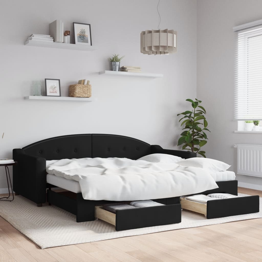 vidaXL Pat de zi cu extensie și sertare, negru, 90x190cm, textil vidaXL Pat de zi cu extensie și sertare, negru, 90x190cm, textil