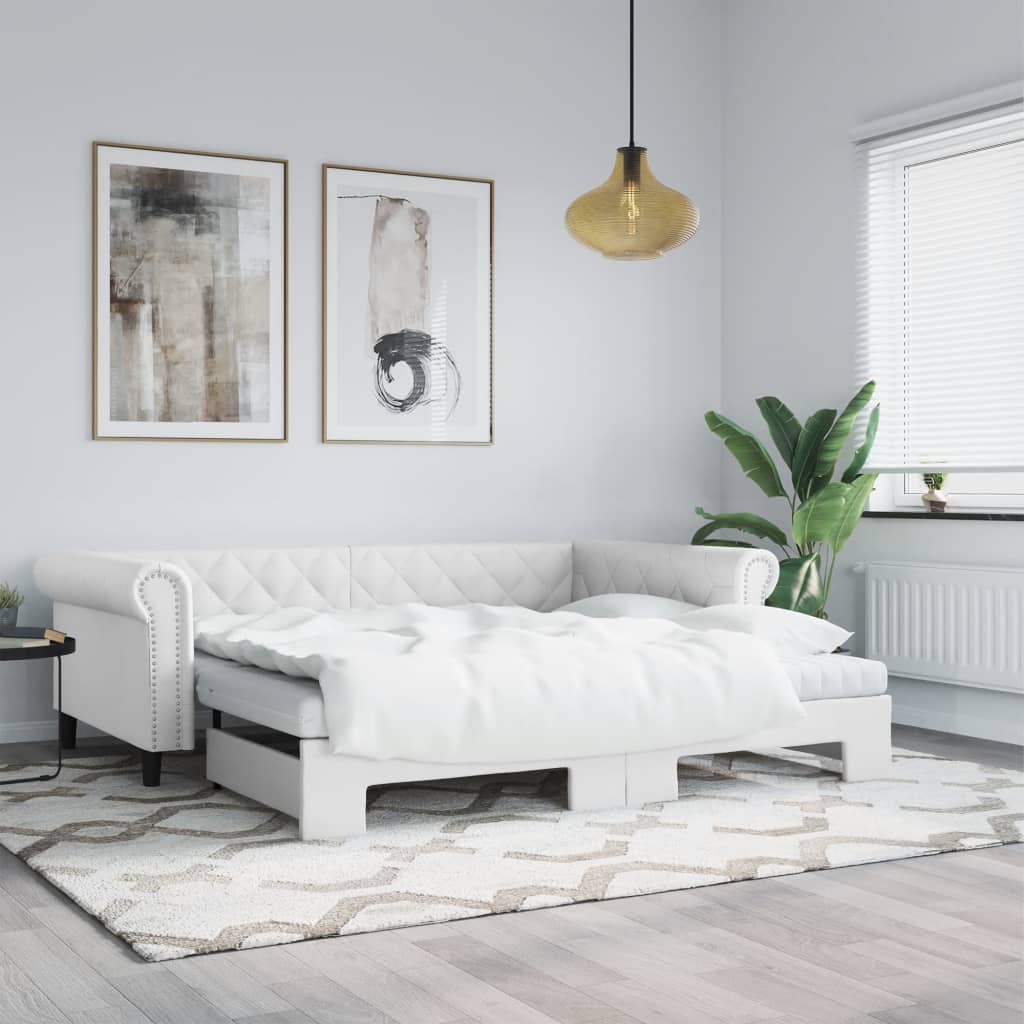vidaXL Pat de zi cu extensie și saltele alb 90x200 cm piele ecologică vidaXL Pat de zi cu extensie și saltele alb 90x200 cm piele ecologică