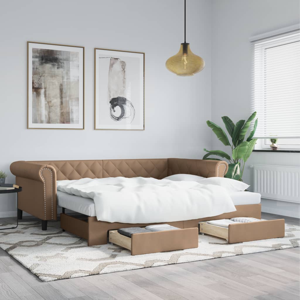 vidaXL Pat de zi cu extensie și sertare cappuccino 90x200 cm piele eco vidaXL Pat de zi cu extensie și sertare cappuccino 90x200 cm piele eco