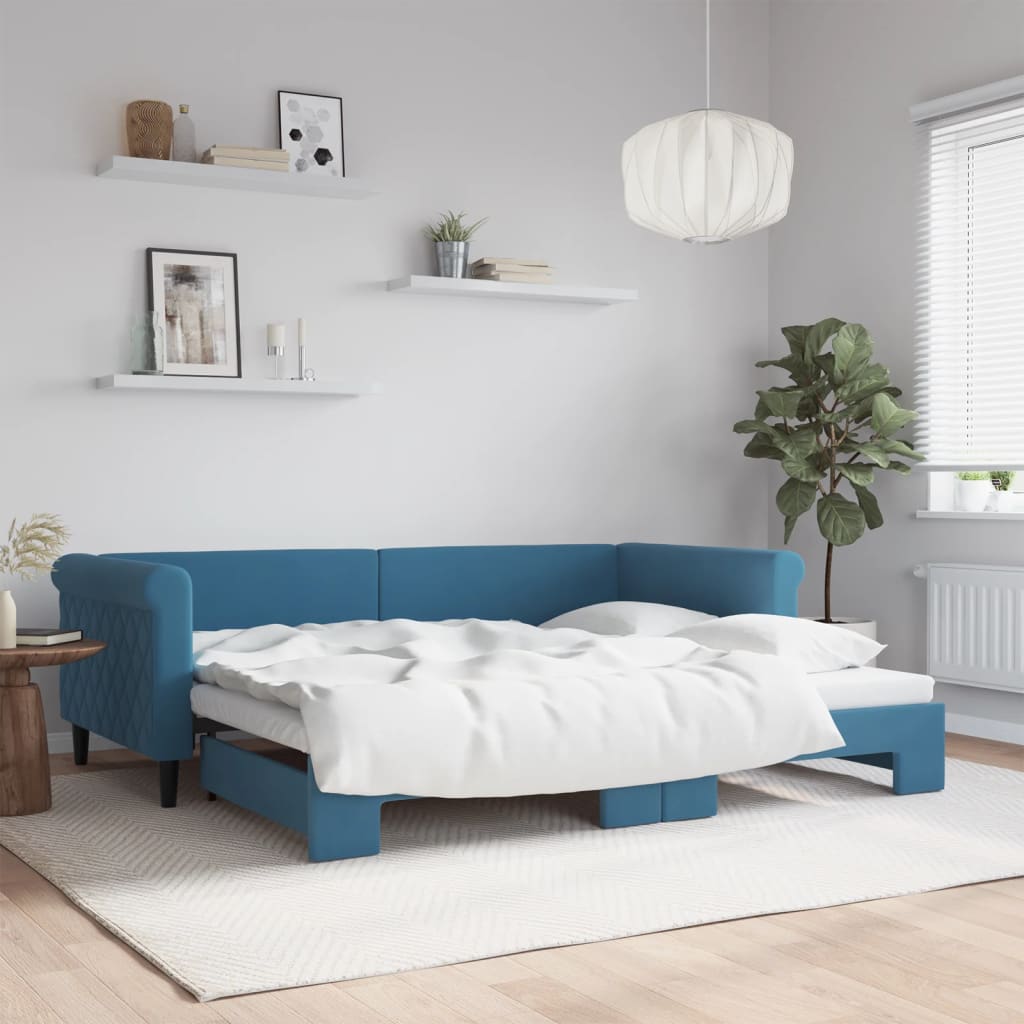 vidaXL Pat de zi cu extensie, albastru, 90x200 cm, catifea vidaXL Pat de zi cu extensie, albastru, 90x200 cm, catifea
