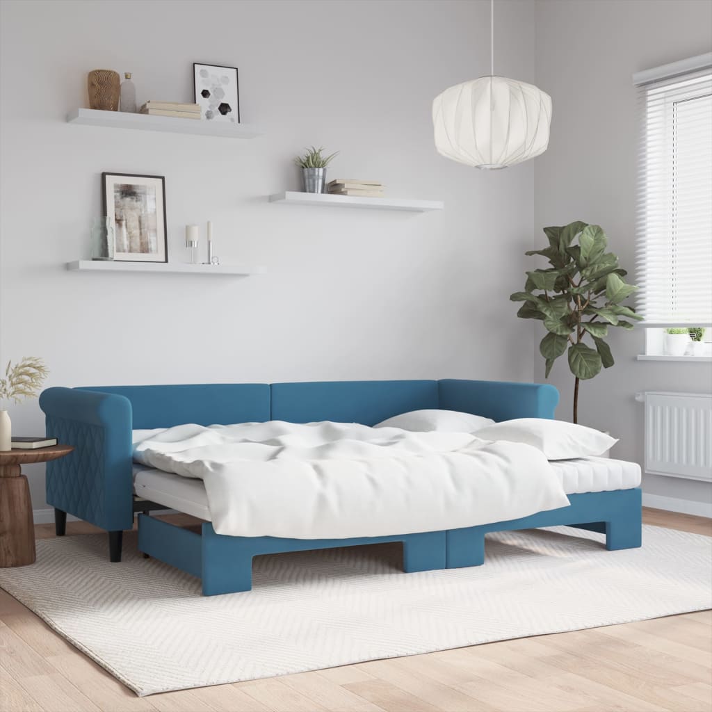 vidaXL Pat de zi cu extensie și saltea, albastru, 80x200 cm, catifea vidaXL Pat de zi cu extensie și saltea, albastru, 80x200 cm, catifea
