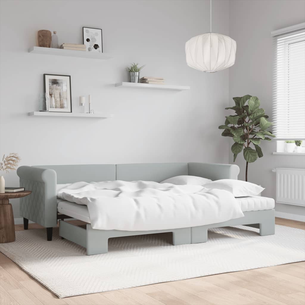 vidaXL Pat de zi cu extensie și saltele, gri deschis 80x200 cm catifea vidaXL Pat de zi cu extensie și saltele, gri deschis 80x200 cm catifea