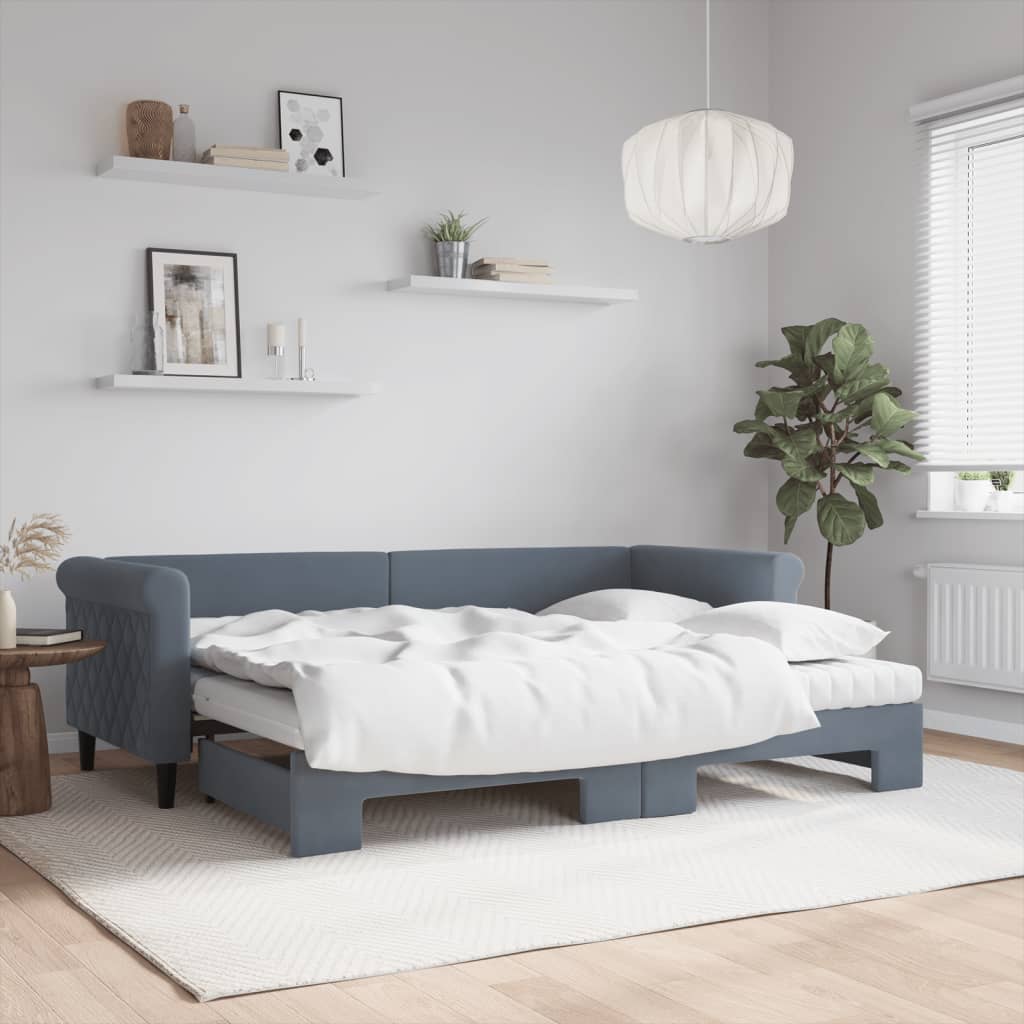 vidaXL Pat de zi cu extensie și saltele gri închis 80x200 cm catifea vidaXL Pat de zi cu extensie și saltele gri închis 80x200 cm catifea