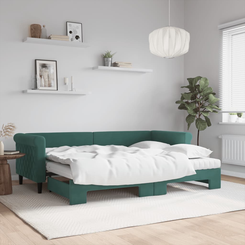 vidaXL Pat de zi cu extensie și saltele verde închis 80x200 cm catifea vidaXL Pat de zi cu extensie și saltele verde închis 80x200 cm catifea