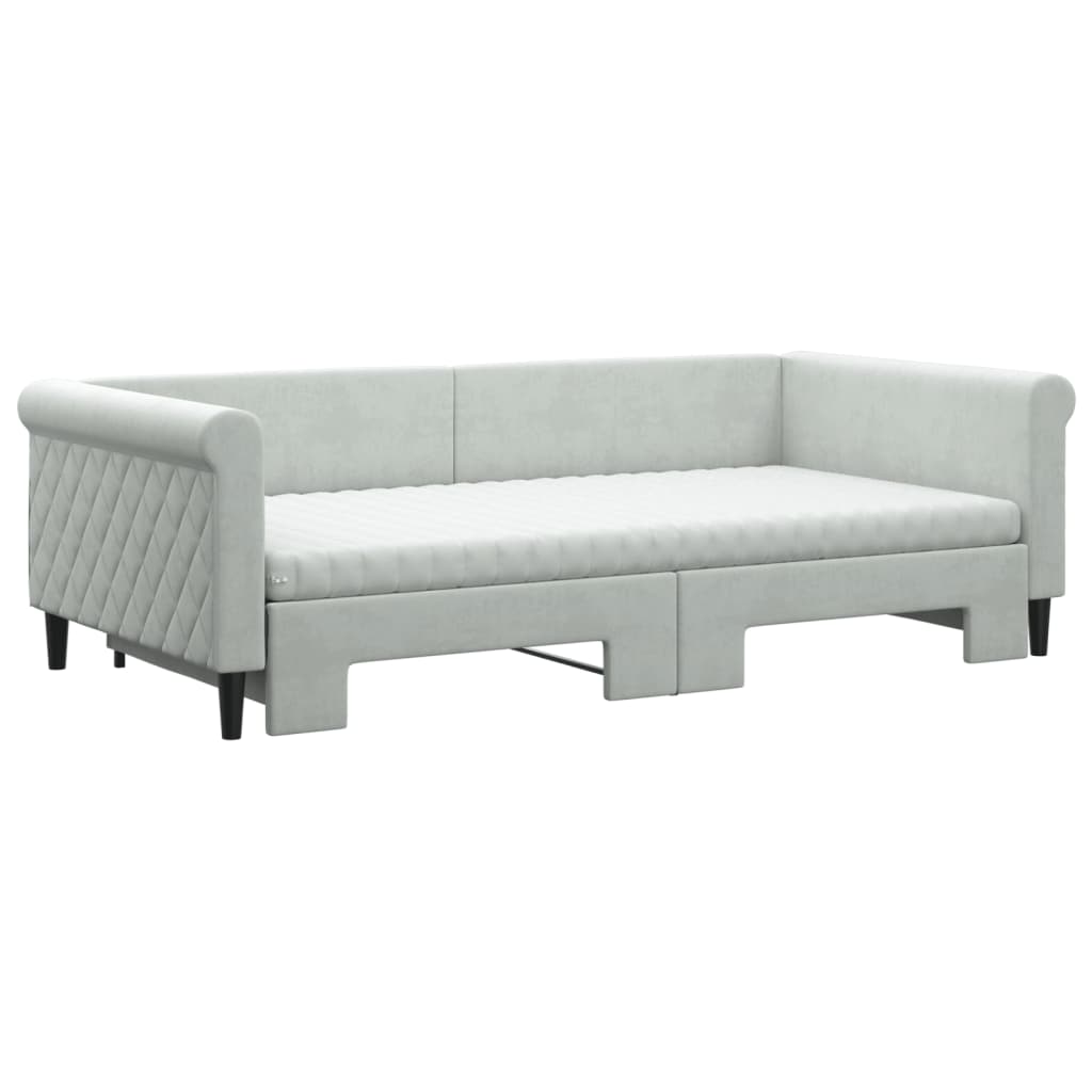 vidaXL Pat de zi cu extensie și saltele gri deschis 100x200 cm catifea vidaXL Pat de zi cu extensie și saltele gri deschis 100x200 cm catifea
