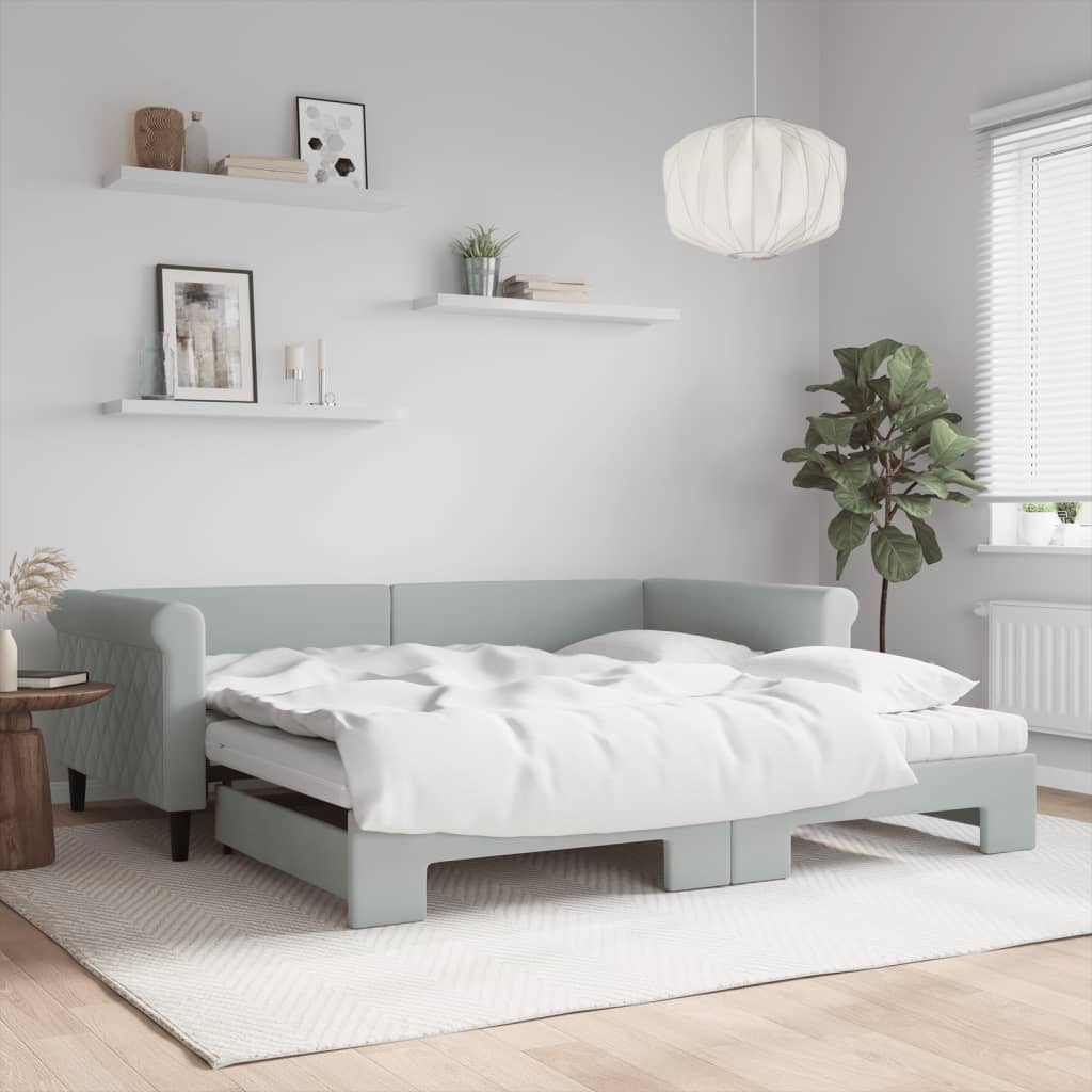 vidaXL Pat de zi cu extensie și saltele gri deschis 100x200 cm catifea vidaXL Pat de zi cu extensie și saltele gri deschis 100x200 cm catifea